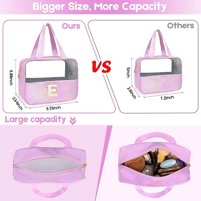 Personalized Initial A Clear Purple Makeup Bag - Large Travel Toiletry Bag, Cute Cosmetic Organizer Set for Girlfriend, Teacher, Teen Girl Gifts
