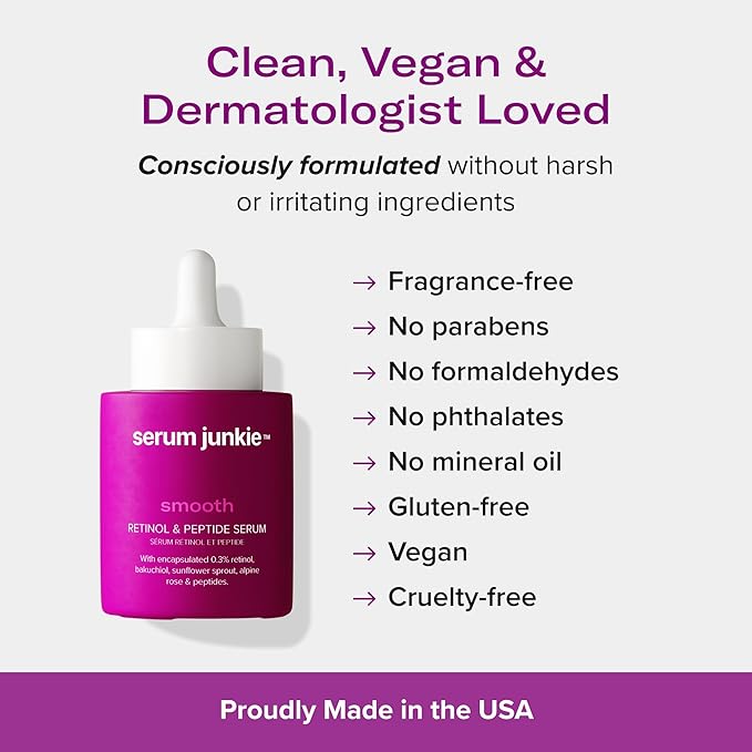 Serum Junkie Smooth Retinol and Peptide Serum with Encapsulated Retinol, Bakuchiol, Matrixyl 3000, Melatonin and Vitamin E, Targets Fine Lines, Uneven Texture, Dullness, 1 fl oz