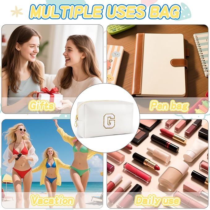 URSKYTOUS Gifts for Girls Initial Makeup Bag Personalized Cosmetic Bag with Zipper Cute Travel Toiletry Bags Waterproof PU Preppy Makeup Pouch Birthday Gift for Teen Girls Women(White G)