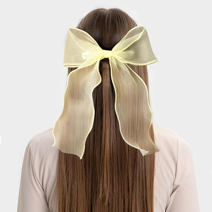SmallCat 2Pcs Large Hair Bow Clips, Yellow Silk Lace Ribbon Bow for Women, Elegant Long Tail Bowknot French Hair Styling Barrette for Wedding, Parties, Daily Use