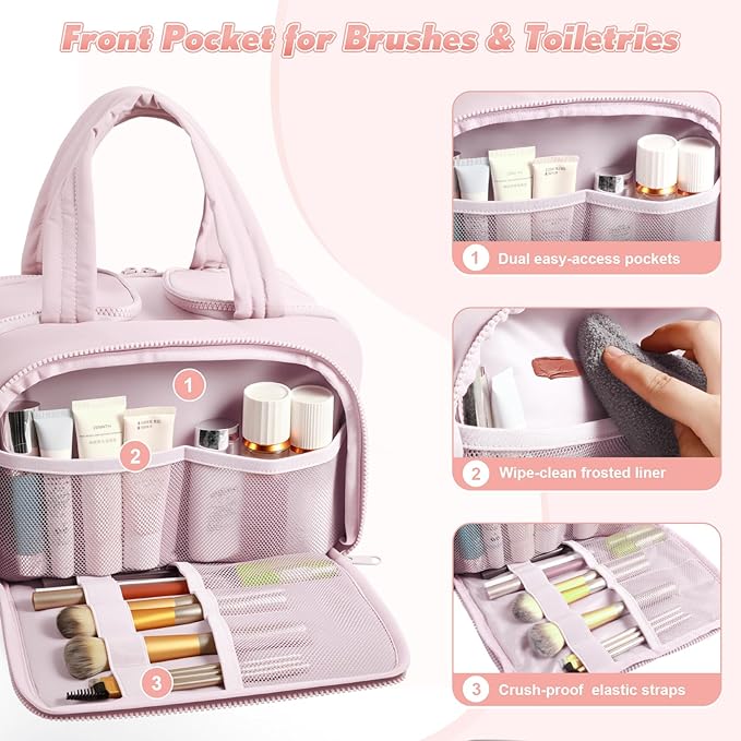 todbown Travel Toiletry Bag:  Large Capacity, 4 Compartments, Wet/Dry Separation, Ultra-Soft Lightweight Fabric & Anti-Spill Design for Travel,Gym,Gift(11.8" L) (Soft Pink)