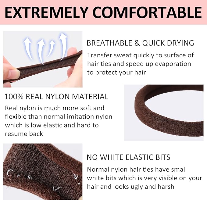 SUTHIA 120Pcs Large Brown Nylon Hair Ties for Thick Curly Hair No Damage, Big Soft Cloth Hair Elastic Bands & Seamless Stretchy Fabric Ponytail Holders for Women Girls, Perfect for Updos & Braids