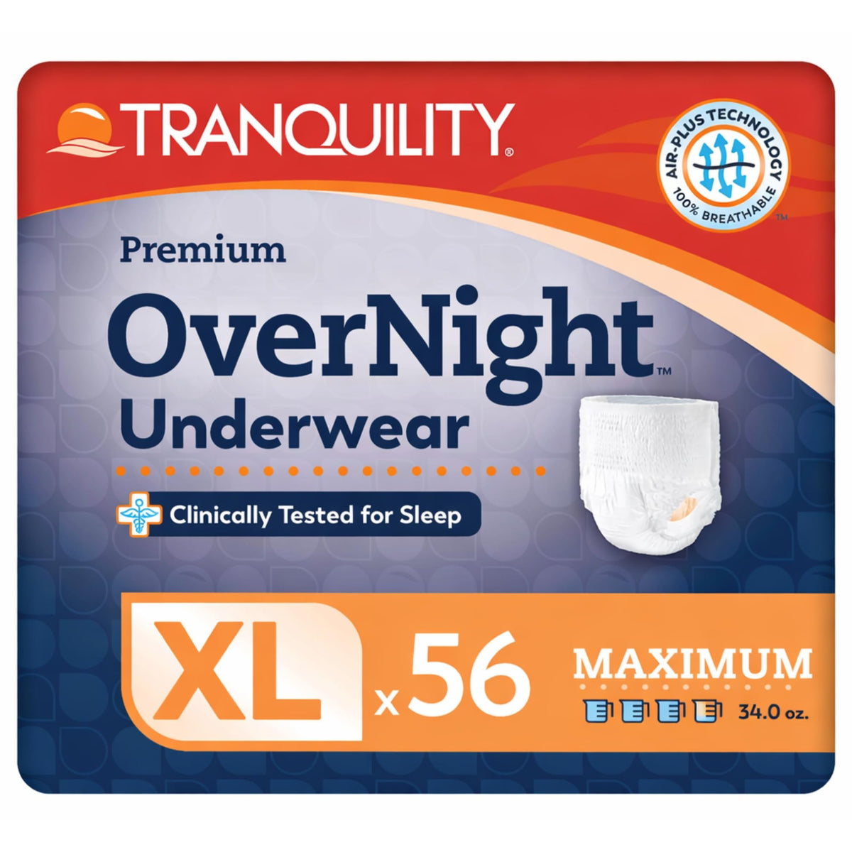 Tranquility Overnight Absorbent Underwear, XL, Maximum, 66 in, 14 ct