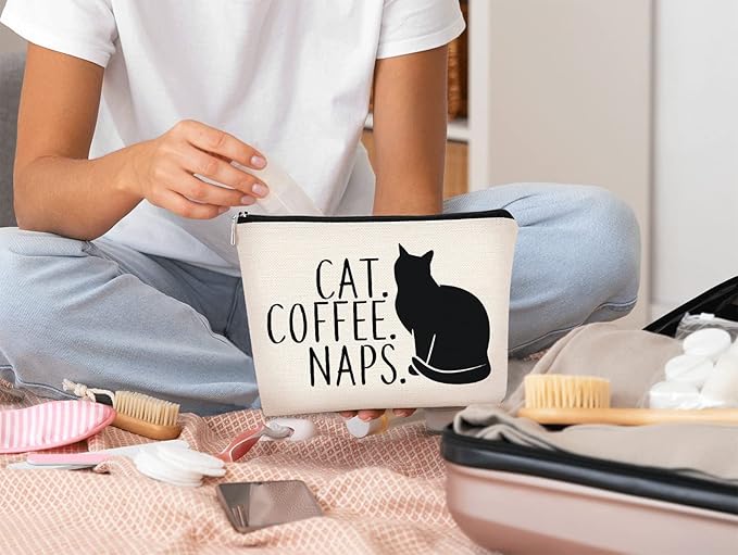 BARPERY Cat Coffee Naps Black Cat Funny Cartoon Kitty Kitten Makeup bag,Cosmetic Bag Zipper Travel Toiletry Bag Best Gift Idea for Cat Lovers Teen Girls,Cat Owners Gifts,Birthday Christmas's Gift