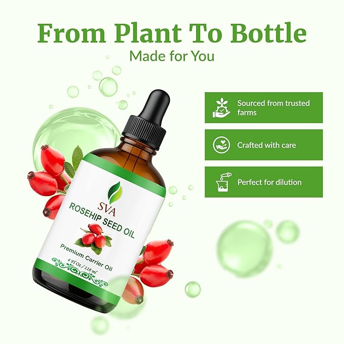 SVA Rosehip Seed Oil 4 Fl Oz - for Face, Skin Care, Hair Care, Scalp Massage & Body Massage – Carrier Oil with Dropper