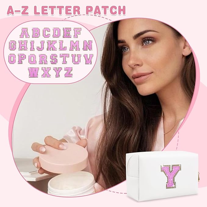 Small Initial Patch Makeup Bag Personalized Gifts Make Up Bag,White Cute PU Leather Glitter Letter Cosmetic Bag with Zipper,Trendy Portable Travel Toiletry Pouch,Preppy Stuff for Teen Girls Women Y