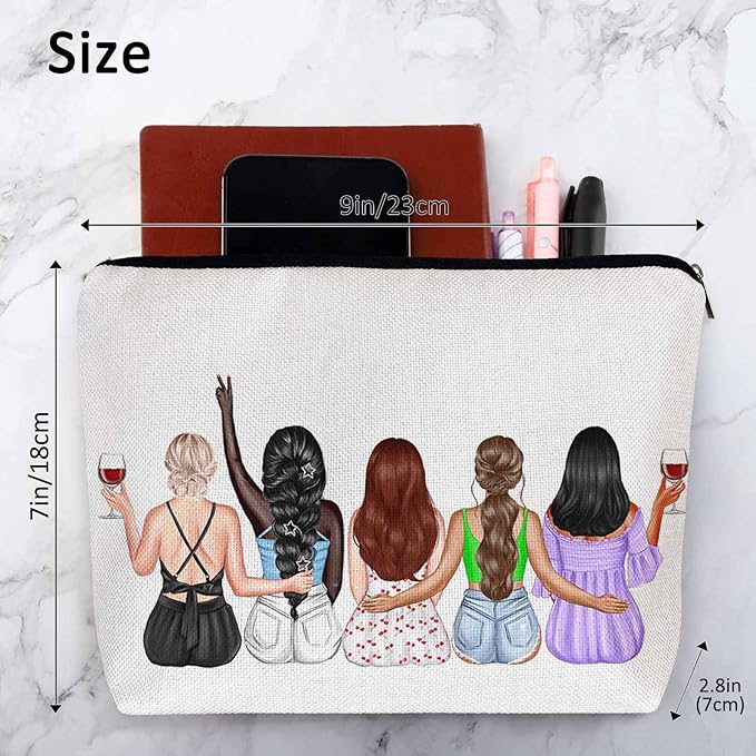Kalygon Women Cosmetic Bag Best Friends, Pretty Women Soul Sisters Cute Makeup Bag For Purse Cosmetic Travel Bag For Toiletries Makeup Storage Bag Flax Skincare Bag Make Up Pouch Bags