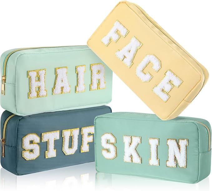 Cunno Preppy Makeup Bags Chenille Letter Stuff Bag Nylon Cosmetic Pouch Cases with Zipper for Women Travel Toiletry(Mint Color,Classic,4 Pcs)