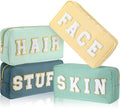 Cunno Preppy Makeup Bags Chenille Letter Stuff Bag Nylon Cosmetic Pouch Cases with Zipper for Women Travel Toiletry(Mint Color,Classic,4 Pcs)