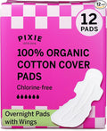 Pixie Organic Pads Cotton Ultra Thin Overnight Pads for Women - Extra Heavy Absorbency with Wings - Leak-Proof, Hypoallergenic & Unscented - Compostable, Biodegradable - FSA Eligible - 12 Count