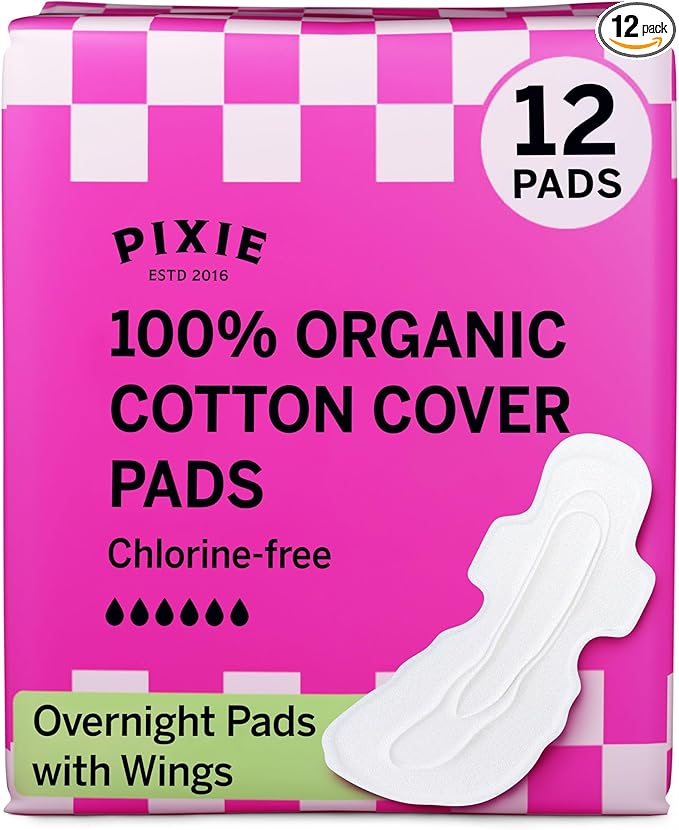 Pixie Organic Pads Cotton Ultra Thin Overnight Pads for Women - Extra Heavy Absorbency with Wings - Leak-Proof, Hypoallergenic & Unscented - Compostable, Biodegradable - FSA Eligible - 12 Count