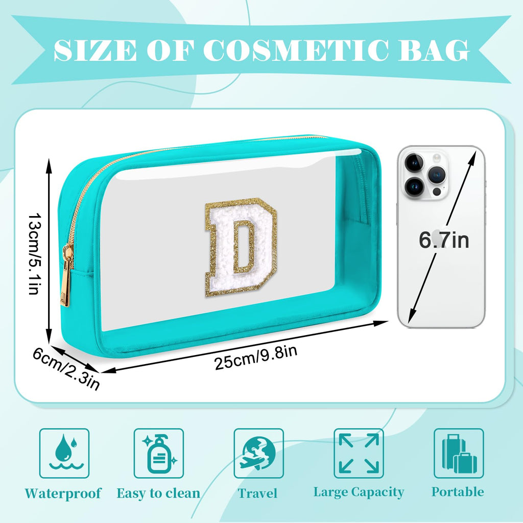 Personalized Initial Letter Clear Makeup Bag,Preppy Small Nylon&PVC Cosmetic Zipper Bag with Chenille Letter,Portable Beach Travel Skincare Toiletry Bag,Trendy Monogram Gift for Teen Girls Women,D