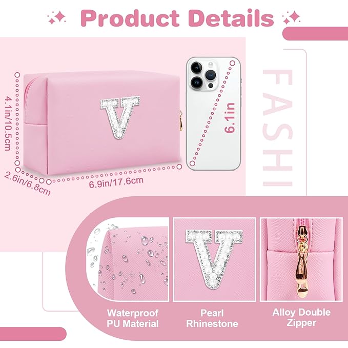ChaoGreat Bride Gifts – Personalized Initial Makeup Bag with Pearl Rhinestone Patch, Preppy Pink Monogram Cosmetic/Toiletry Pouch, bridesmaid Gifts, Bridal Shower Gifts, Wedding Gifts, Bridal Gifts,V