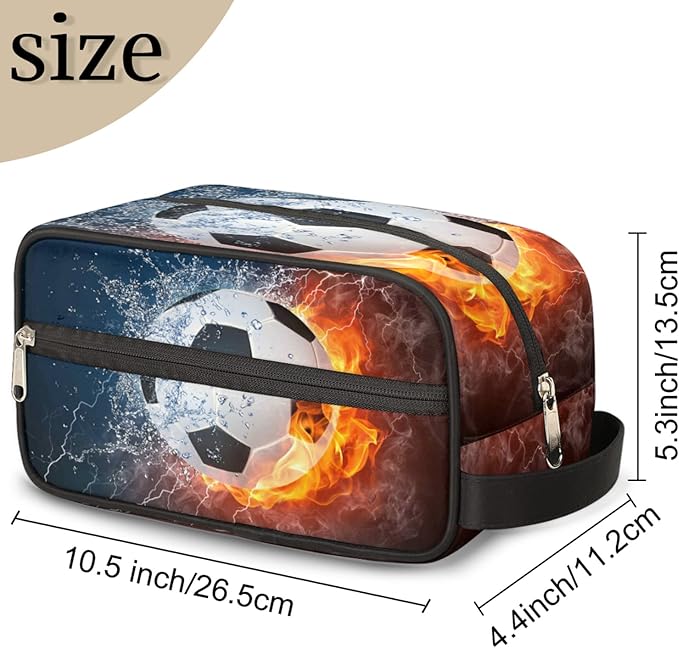 Bardic Fire Soccer Ball Portable Travel Toiletry Bag, Ice Fire Football Dopp Kit Cosmetic Organizer Makeup Bag Shower Shaving Bag for Men Women