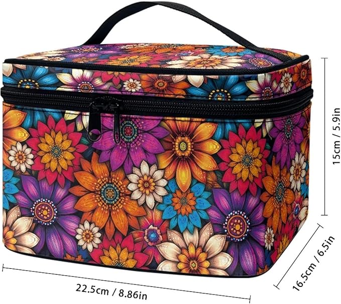Drydeepin Vibrant Hippie Flower Pattern Travel Makeup Bags for Women Portable Tote Cosmetic Case with Carry Handle Toiletry Accessories Storage Organizer Bags