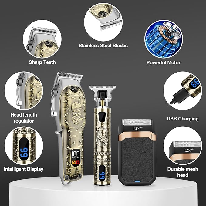 LQT Professional Hair Clipper Set for Men Electric Shaver Razor Cordless Hair Cutting Barber Clippers Beard Trimmer Men’s Grooming Kit Gifts for him (Bronze)