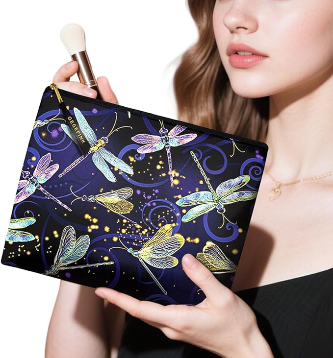 GEGEPINK Cute Makeup Bag for Purse Waterproof Cosmetic Bags for Women Funny Smooth Zipper Travel Toiletry Pouch 10X8 Inches-Dragonfly Makeup pouch