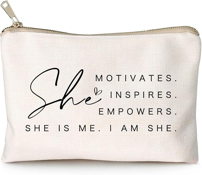 HubbgDesign She Motivates Inspires Empowers Makeup Bag She is Me Entrepreneurship Gift Women's Motivational Cosmetic Bags Powerful and Inspirational Travel Bag Gift for Her