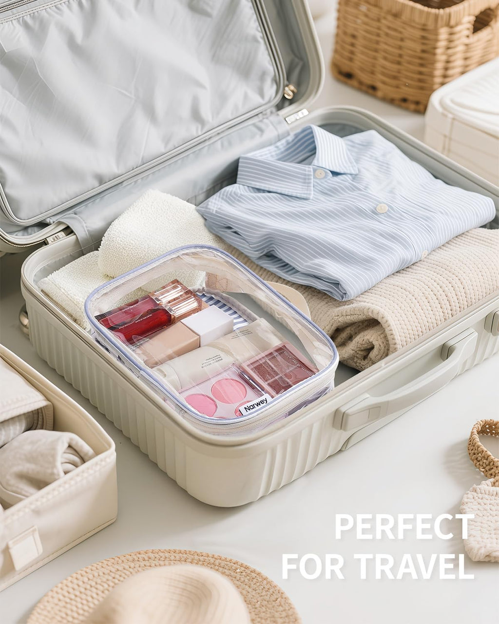 Narwey TSA Approved Clear Toiletry Bag for Travel, Waterproof PVC Clear Makeup Bags, Portable Compact Cosmetic Bag Make Up Organizer, Airport Airline Quart Size Compliant Bag (Greyish Blue Stripe)