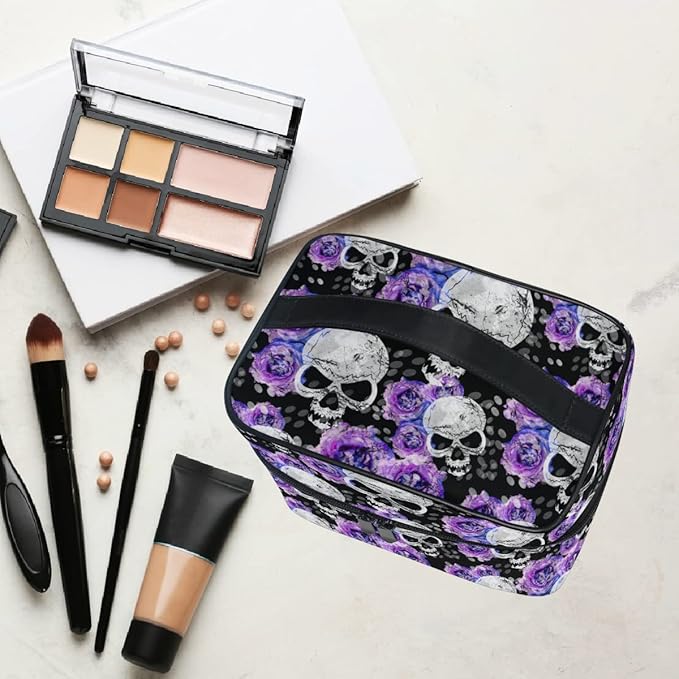 MNSRUU Skull Makeup Bag Purple, Flowers and Skull Gothic Makeup Organizer Bags Toiletry Bag Box Travel Cosmetic Bag Make Up Train Case for Women Teen Girl Ladies