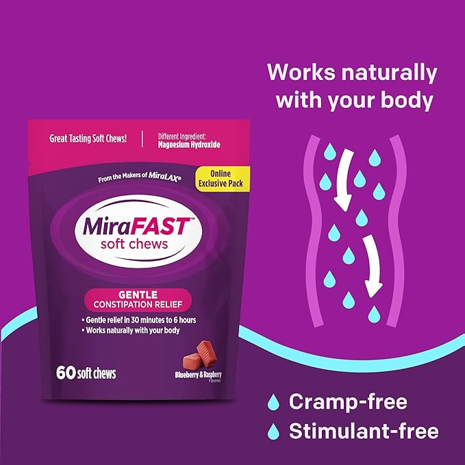 MiraFAST Soft Chews, from the Makers of MiraLAX, Gentle Constipation Relief, Fast Acting, Stimulant Free Saline Laxative, Magnesium Hydroxide, Blueberry & Raspberry Flavor, 60ct