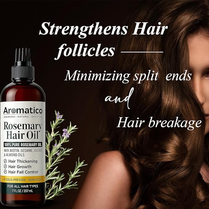 Aromatico Rosemary Hair Oil with Sesame, Jojoba and Almond Oils, Non-Sticky Hair Care Oil with Applicator Cap, 7 Fl Oz
