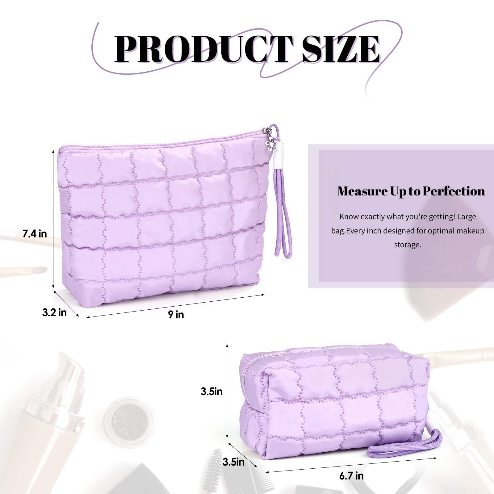 Richeart Makeup Bag Travel Toiletry Bag - Checkered Down Cotton Makeup Pouch for Women with Cosmetic and Pencil, Aesthetic Purple Design, Small