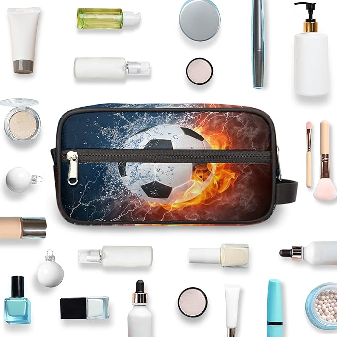 Bardic Fire Soccer Ball Portable Travel Toiletry Bag, Ice Fire Football Dopp Kit Cosmetic Organizer Makeup Bag Shower Shaving Bag for Men Women
