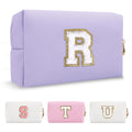 Personalized Makeup Bag Initial A-Z Preppy Patch Bag,Small PU Leather Travel Cosmetic Bag Pouch with Zipper,White Cute Toiletry Bag,Gift Ideal for Teen Girls Women Birthday Friend Mom,Letter R