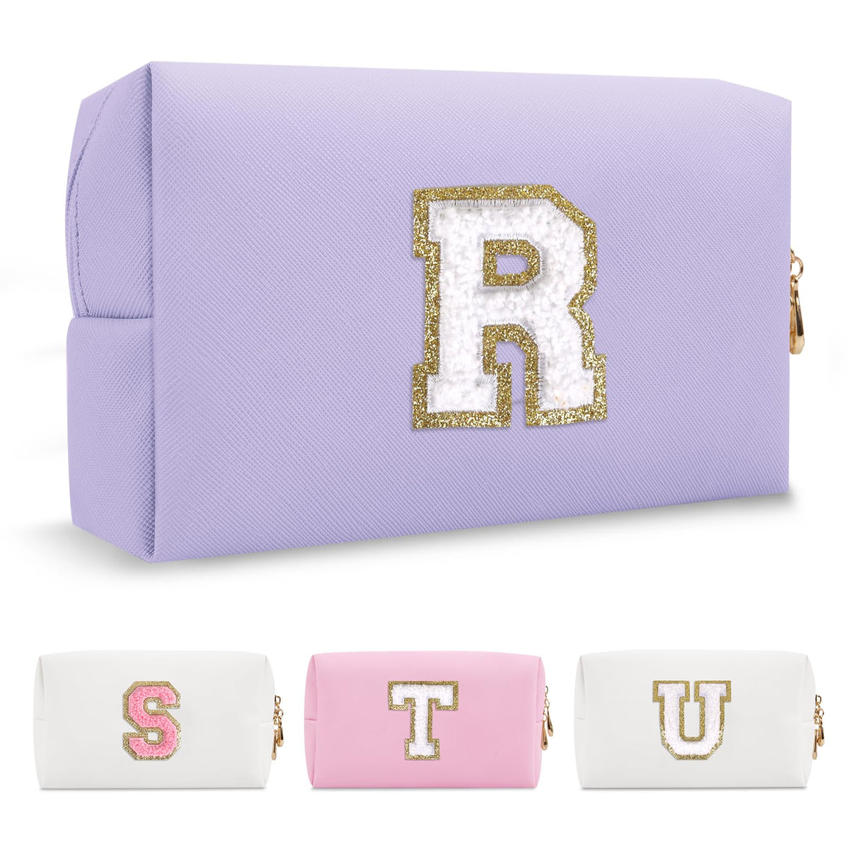 Personalized Makeup Bag Initial A-Z Preppy Patch Bag,Small PU Leather Travel Cosmetic Bag Pouch with Zipper,White Cute Toiletry Bag,Gift Ideal for Teen Girls Women Birthday Friend Mom,Letter R