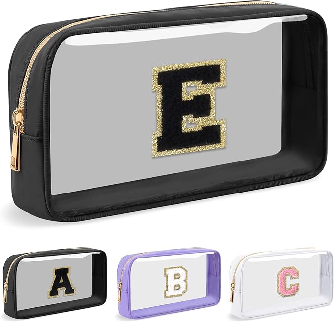 UIXIZQ Personalized Initial Letter Clear Makeup Bag,Preppy Small Nylon&PVC Cosmetic Zipper Bag with Chenille Letter,Travel Skincare Toiletry Bag,Monogram Christmas Gift for Teen Girls Women,E