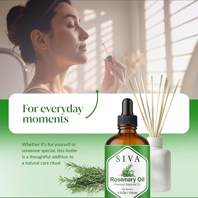 Siva Rosemary Essential Oil 4 Fl Oz – for Diffuser, Skin & Hair Care – Ideal for Massage & DIY Blends- with Dropper