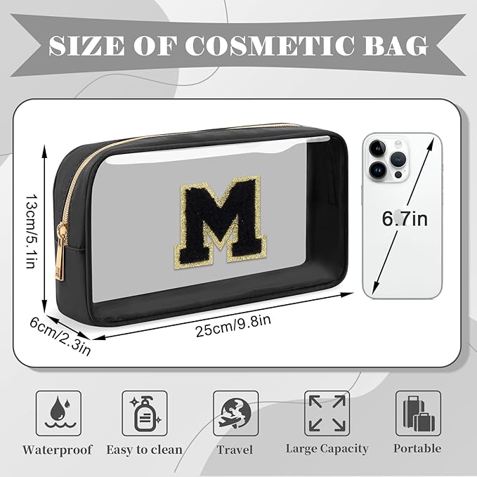 UIXIZQ Personalized Initial Letter Clear Makeup Bag,Preppy Small Nylon&PVC Cosmetic Zipper Bag with Chenille Letter,Travel Skincare Toiletry Bag,Monogram Christmas Gift for Teen Girls Women,M