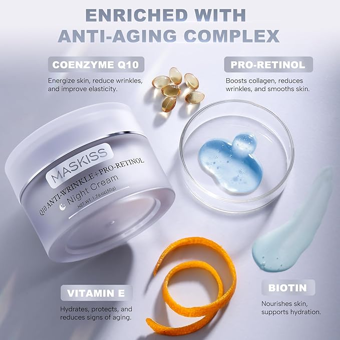 Maskiss Firming Neck Cream & Anti-Wrinkle Night Cream with Coenzyme Q10 + Pro-Retinol, Unscented Skin Firming Neck Cream, Anti Aging Facial Moisturizer for Sensitive Skin, 1.76 Oz Jar