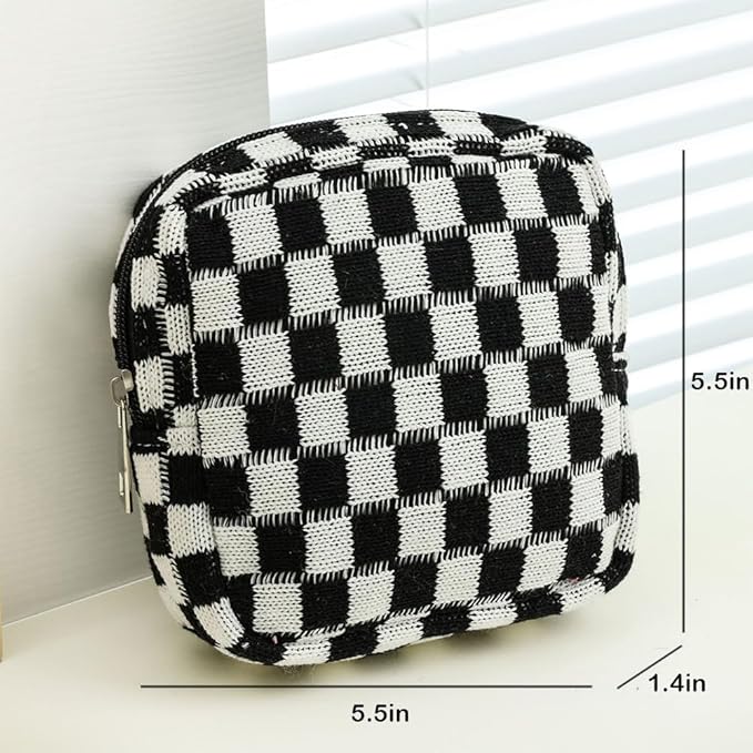 FFpaw Small Black Makeup Bag for Purse, Mini Checkered Cosmetic Bag Zipper Cute Make Up Pouch Travel Toiletry Bag Quilted Aesthetic Accessories Makeup Storage Bag Organizer for Women Girls