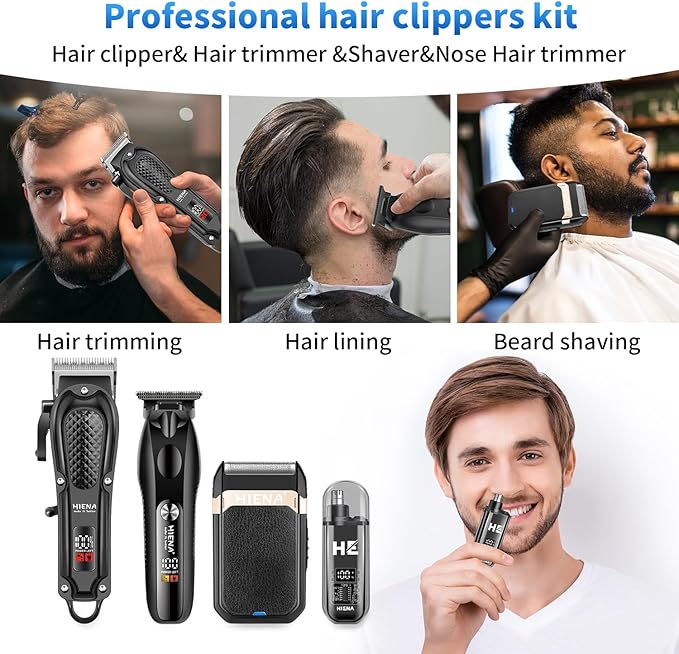 HIENA PRO Hair Clippers for Men Professional, Cordless Barber Clipper & T-Blade Beard/Hair Trimmer Set, Electric Razor Foil Shaver Nose Trimmer Barber Kit, Men's Hair Cutting Kit