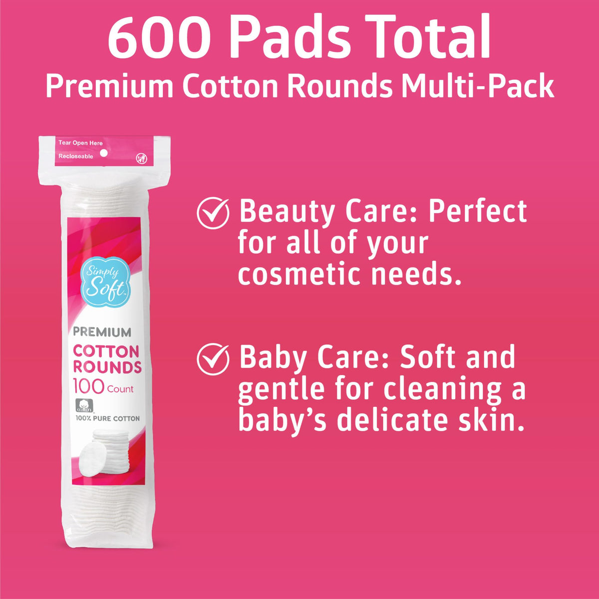 Simply Soft Premium Cotton Rounds, 100% Pure Cotton, Absorbent Cotton Pads, 100 Count (Pack of 6)
