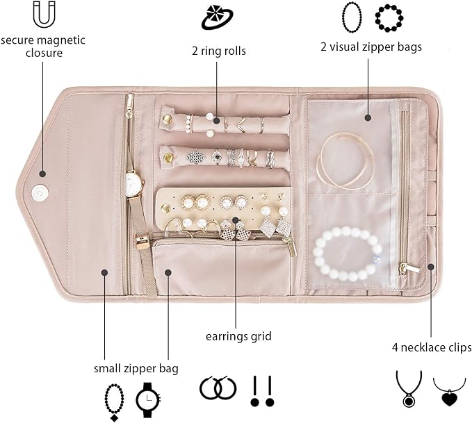 BAGSMART Travel Jewelry Organizer Roll Foldable Jewelry Case,Soft Pink