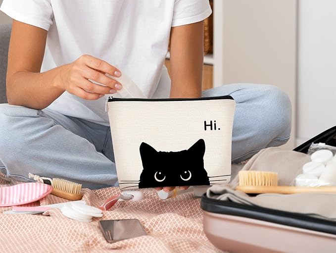 BARPERY Cute Cat Makeup Bag, Kitty Cosmetic Zipper Travel Toiletry Bag, Black Cat Gifts for Women & Teen Girls
