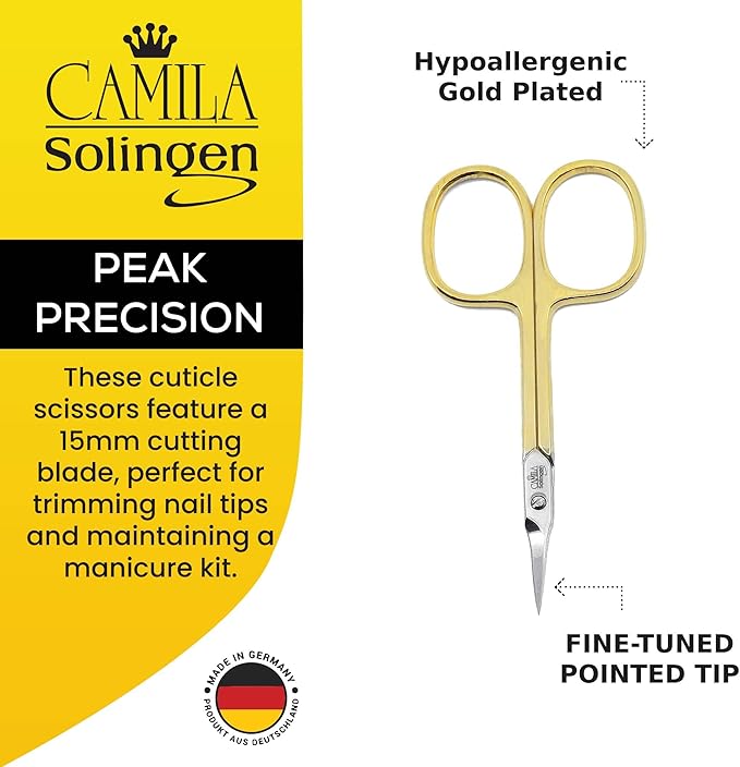 Camila Solingen CS04 Professional Nail Cuticle Scissors, Hypoallergenic Gold Plated Sharp Curved Manicure Pedicure Grooming for Finger and Toe Nail Care. Made of Carbon Steel in Solingen, Germany