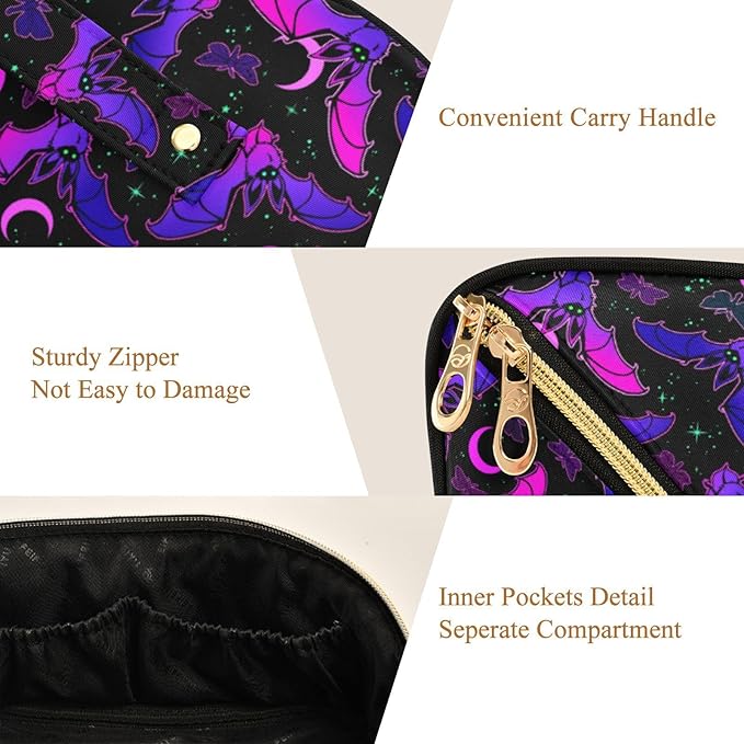MNSRUU Makeup Organizer Bag, Purple Bat Gothic Travel Makeup Bags Makeup Vanity Case Large Capacity Rhombus Cosmetic Toiletry Bag for Girl Women Ladies