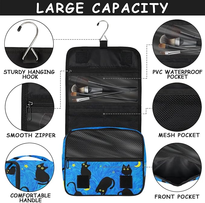 OMFUNS Cute Cat Travel Toiletry Bag with Hanging Hook for Women and Girls, DeepSkyBlue Cosmetic Makeup Case Organizer for Accessories, Shampoo, Full Sized Container, Toiletries