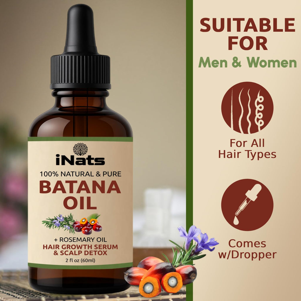 iNats Batana & Rosemary Hair Growth Serum (2 Fl Oz) - Nourish & Detox Scalp for Thicker, Stronger, Longer - Dr. Sebi Recommended, Natural Hair Oil for Women & Men – Intensive Repair & Nourishing