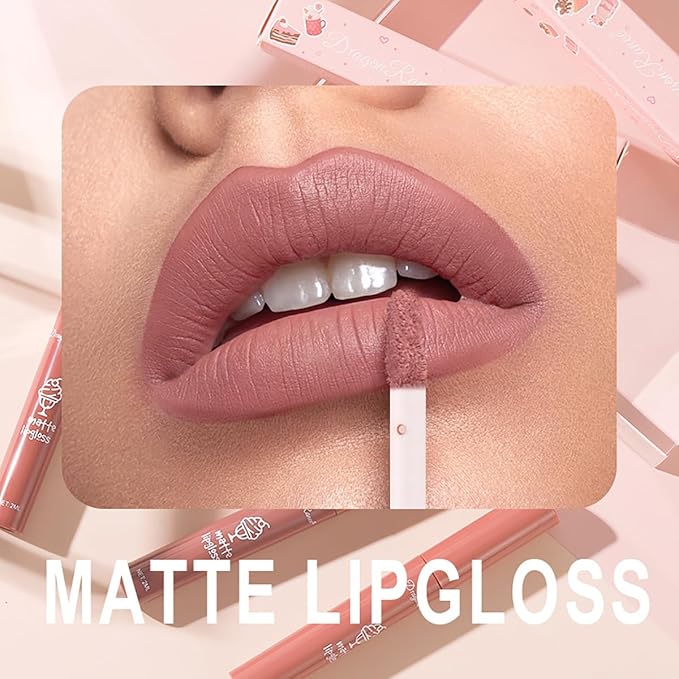 Tiejdhr 3Pcs Nude Matte Lipstick Set, Ice Cream Velvet Smooth Matte Lip Gloss, 24 Hour Natural Long Lasting & Nourishing Lip Glaze Non-stick Cup for Women Makeup (Set C)