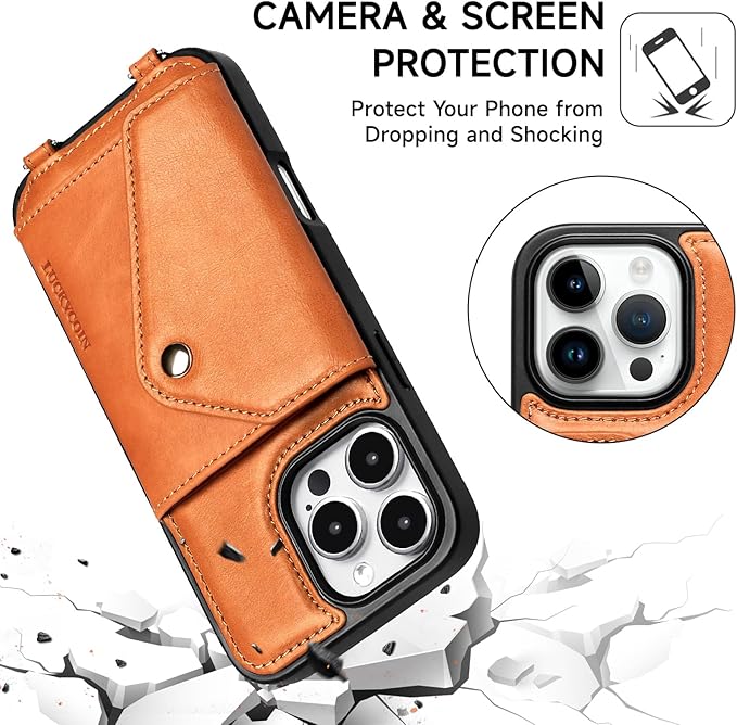 LUCKYCOIN Crossbody Phone Case for iPhone 16 Pro Max, 100% Genuine Leather Phone Wallet Case for Women, Premium Hands-Free Phone Purse with Expandable Flip Card Holder & Adjustable Strap - Retro Brown