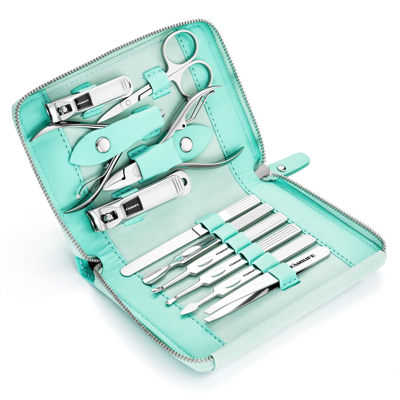 FAMILIFE Manicure Kit for Women, Professional Manicure Set Nail Clippers Set 11 in 1 Stainless Steel Pedicure Tools Nail Kit Men Grooming Tool with Portable Green Travel Case for Home, Travel