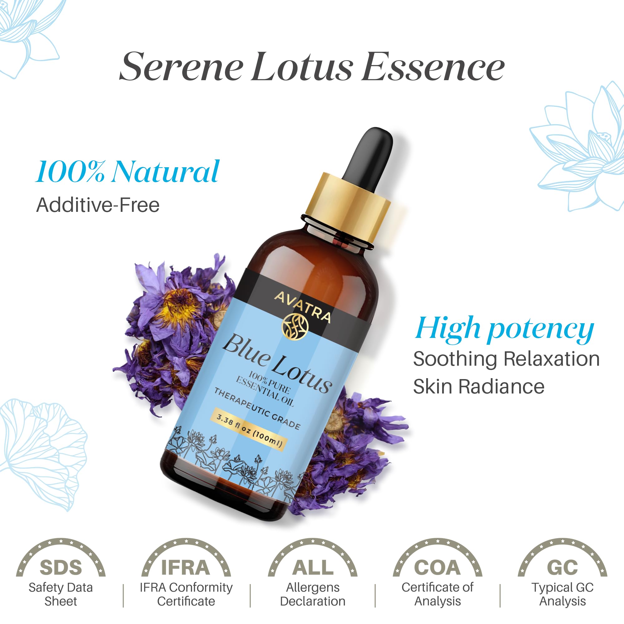 Avatra Blue Lotus Essential Oil for Diffuser, Skin & Candles | Natural & Undiluted Essential Oil | Aromatherapy, Soaps, Candles | Therapeutic Grade Essential Oil- 3.38 Fl Oz