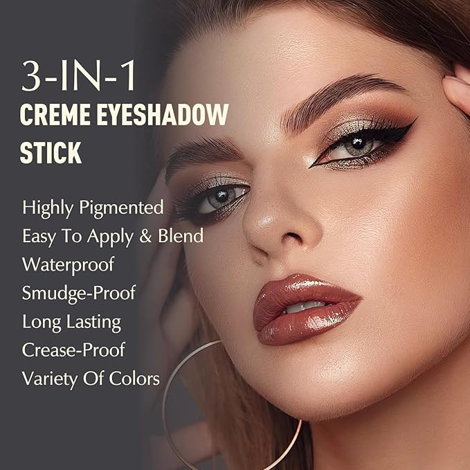 Wugbc Eyeshadow Stick, Bronze Shimmer Cream Eyeshadow Long-Lasting Crease-Proof Glitter Eye Shadow Eyeliner Pencil High Pigmented Neutral Highlighter Makeup with Blending Brush & Built-in Sharpener