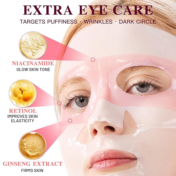 ICIKOL 2-in-1 Collagen Face Mask with Integrated Eye Patches, Anti-Aging Overnight Hydrogel Mask for Glass Skin Glow, Red Ginseng & Peptides for Firming & Hydration, 4 Sheets (Pink)