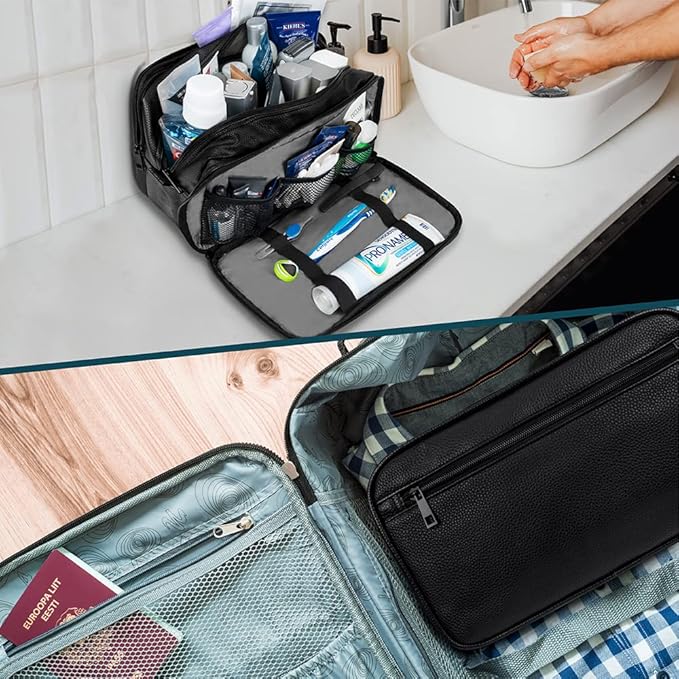 PAVILIA Toiletry Bag for Men, Travel Toiletries Bag | Water-resistant Dopp Kit, PU Leather Shaving Pouch Organizer for Accessories, Cosmetic, Hygiene, Grooming Essentials (XL, Black)